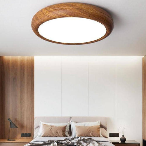 Round modern LED ceiling light in wood effect