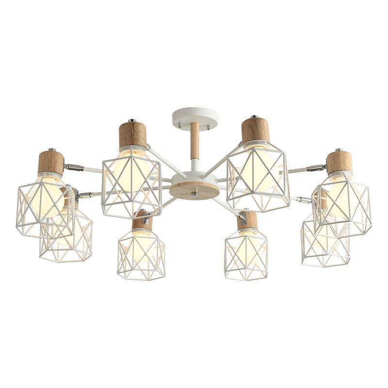 Modern wooden LED chandelier with several metal shades
