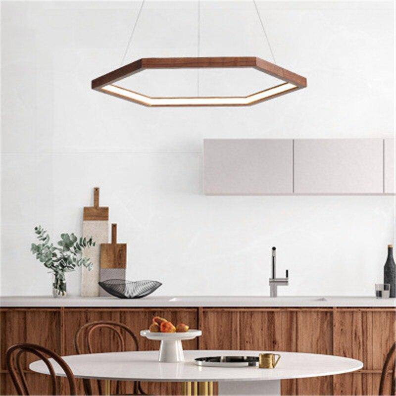 Hexagonal wooden chandelier with LED