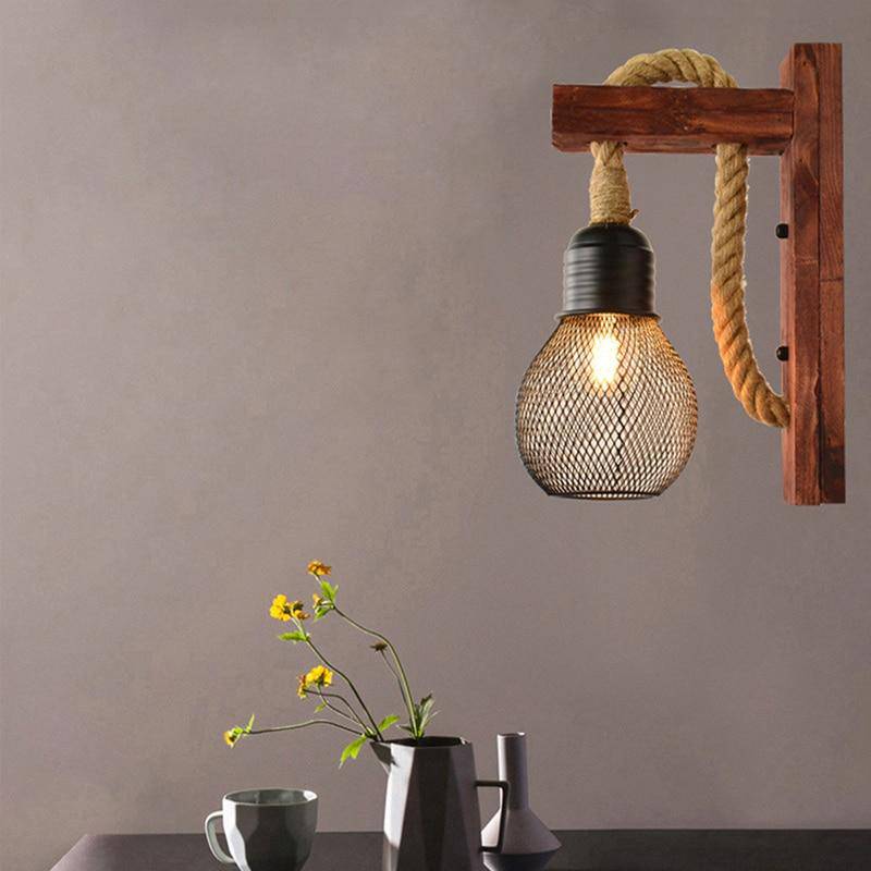 wall lamp Rustic LED wooden wall with retro rope