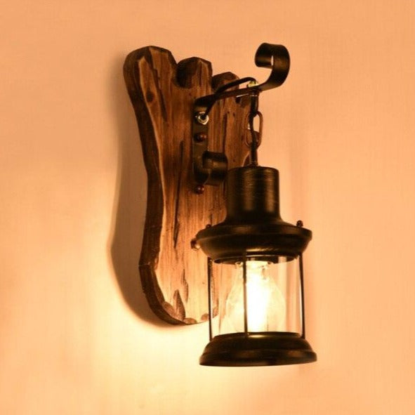 wall lamp Vintage wood and black metal wall Ignase