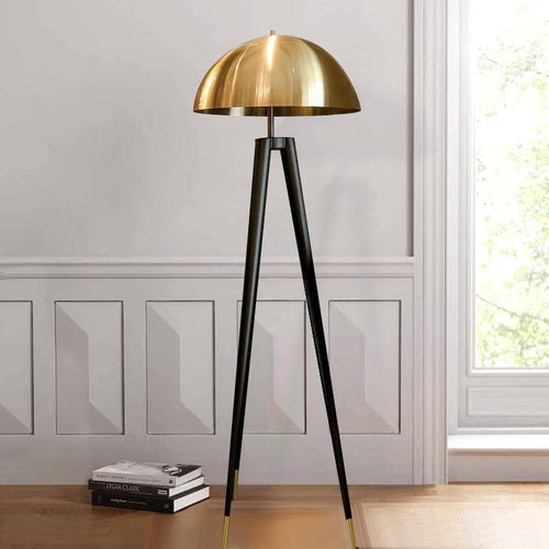 Lampadaire design LED tripod noir avec abat-jour doré Mushroom