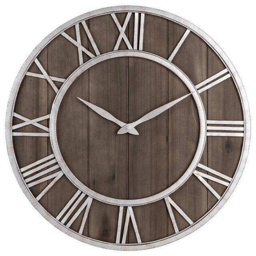 Horloge murale ronde en bois et métal avec chiffres romain style industriel 40cm - vue 6 sur 6