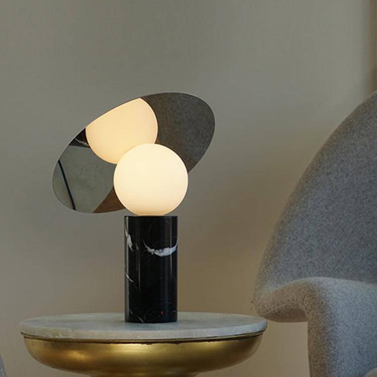 Marble LED table lamp with ball and glass disc