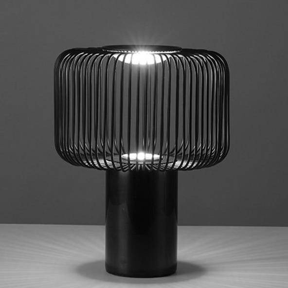 LED design table lamp with lampshade rounded metal cage in black