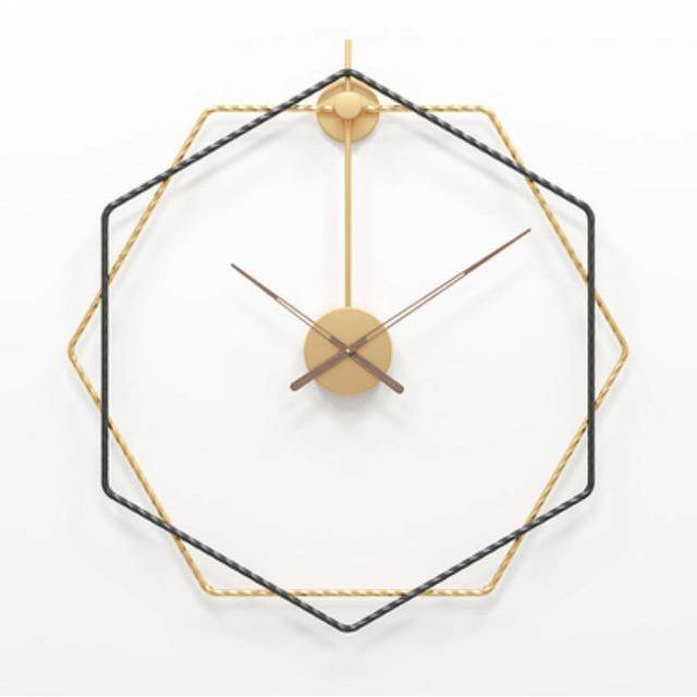Design wall clock with offset hexagons in metal