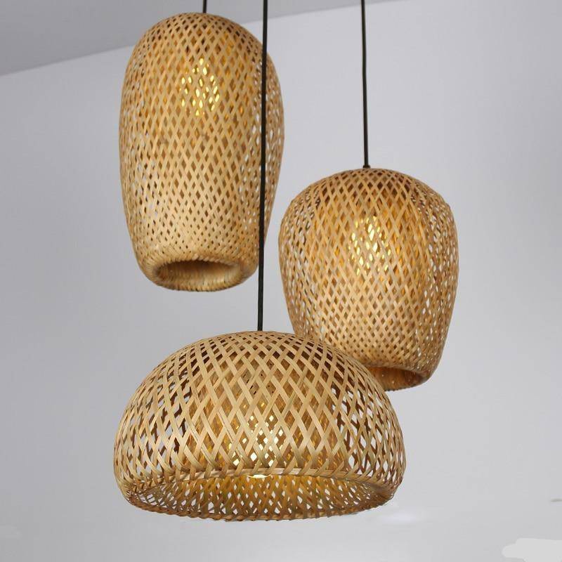 pendant light LED rattan with different rounded shapes Bamboo