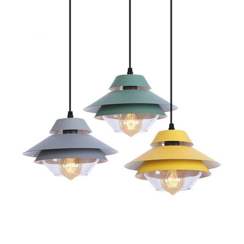 Retro LED pendant with coloured metal and glass lampshade