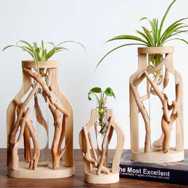 Vase design en verre avec socle en bois style Hydro