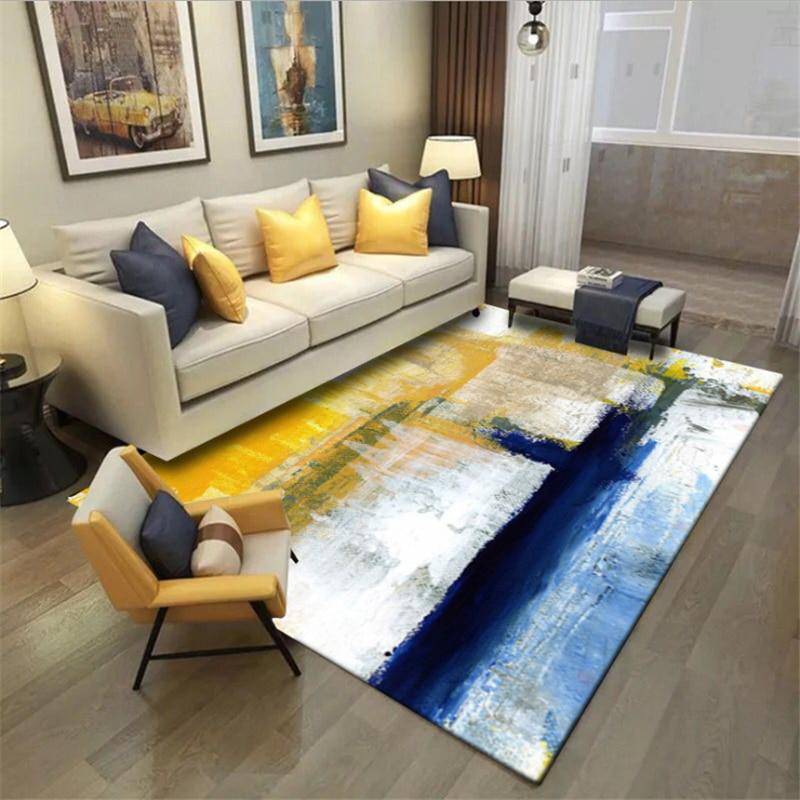 Tapis rectangle au style abstrait jaune et bleu Oil - vue 4 sur 4