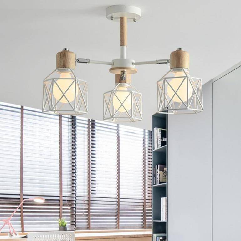 Modern wooden LED chandelier with several metal shades