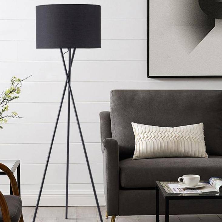 Floor lamp LED tripod design with lampshade in black or white fabric