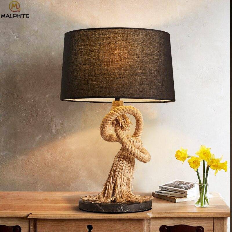 Lampe à poser retro LED avec abat-jour tissu et cordage