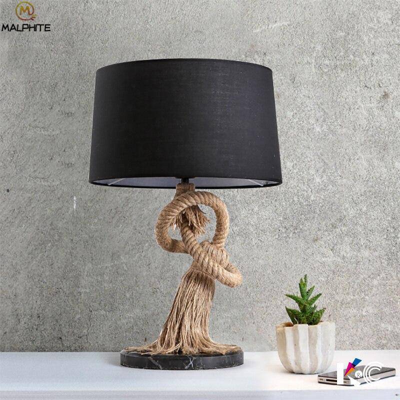 Retro LED table lamp with lampshade fabric and rope