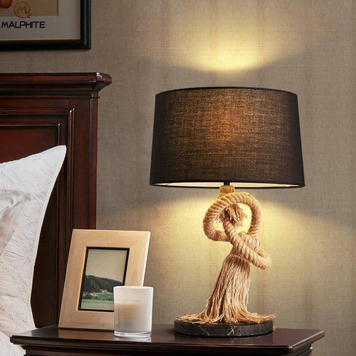 Lampe à poser retro LED avec abat-jour tissu et cordage - vue 3 sur 4