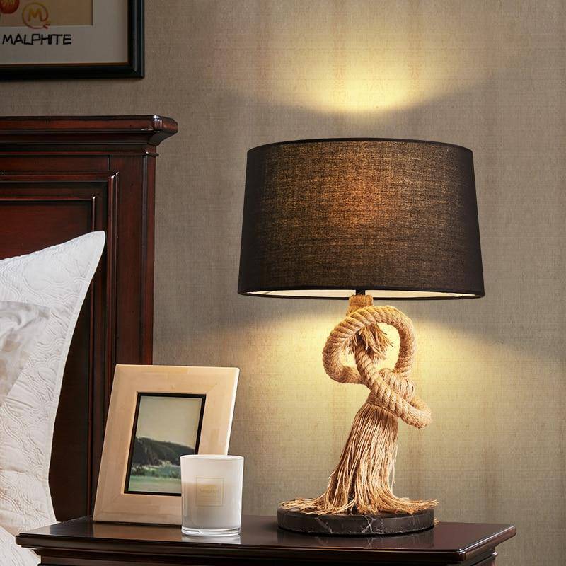 Lampe à poser retro LED avec abat-jour tissu et cordage - vue 3 sur 4