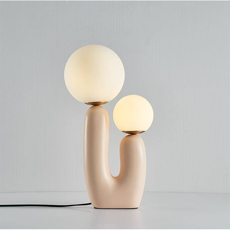 Lampe de chevet design LED en résine rose et double boule en verre