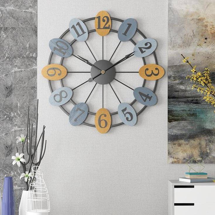 Round wall clock with numbers in coloured bubbles 50cm