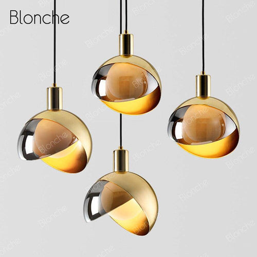 Suspension design LED avec abat-jour arrondi doré Loft - vue 6 sur 7