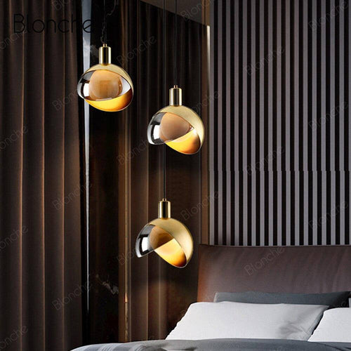 Suspension design LED avec abat-jour arrondi doré Loft - vue 4 sur 7