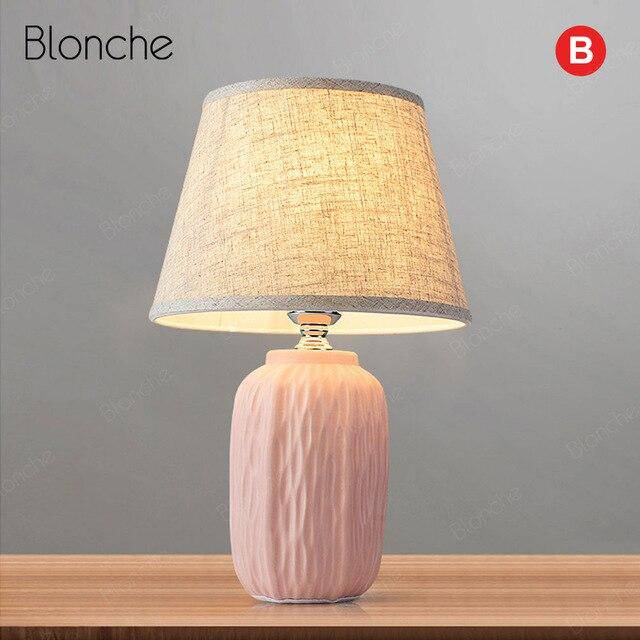 Modern LED table lamp with coloured ceramic base and lampshade fabric