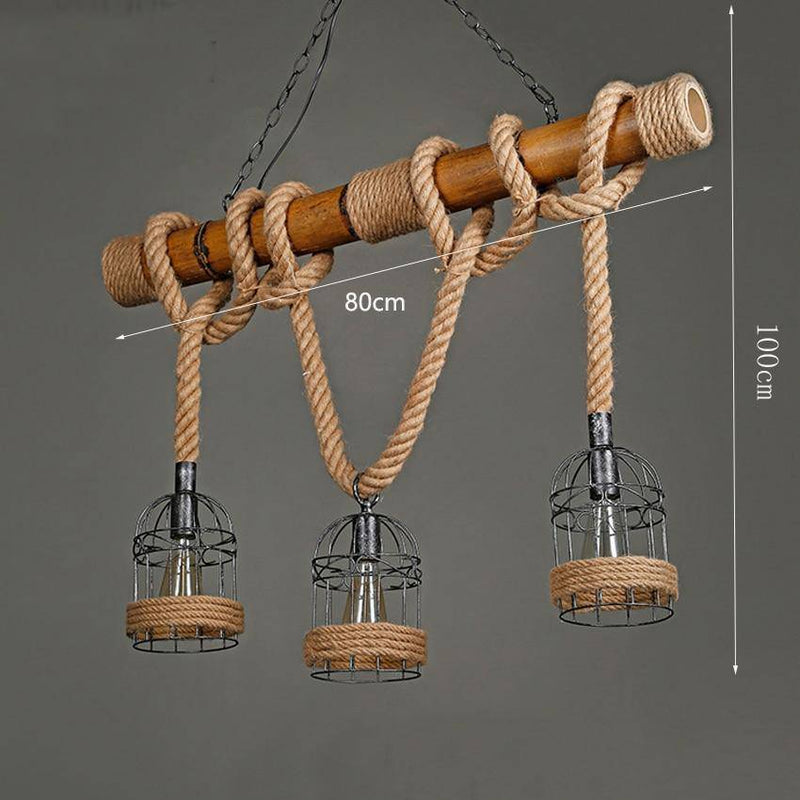 Lámpara de suspensión LED rústico de madera con cuerda y varias jaulas metálicas de estilo retro