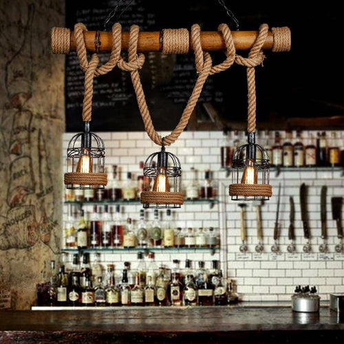 Suspension rustique LED en bois avec corde et plusieurs cage en métal style rétro - vue 2 sur 7