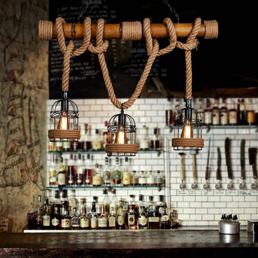 Suspension rustique LED en bois avec corde et plusieurs cage en métal style rétro - vue 2 sur 7
