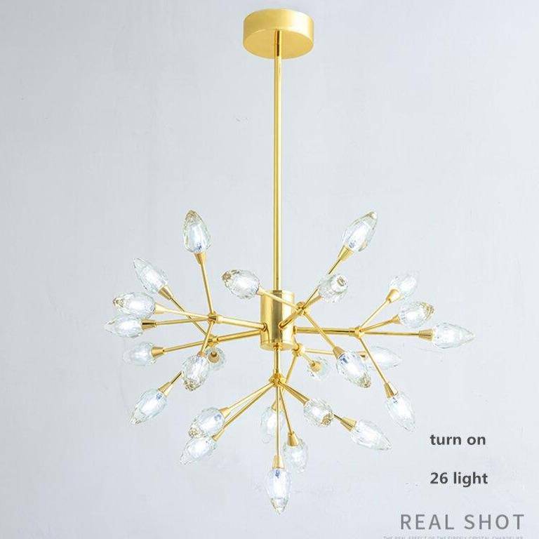 Lustre design LED doré avec plusieurs ampoules cristal