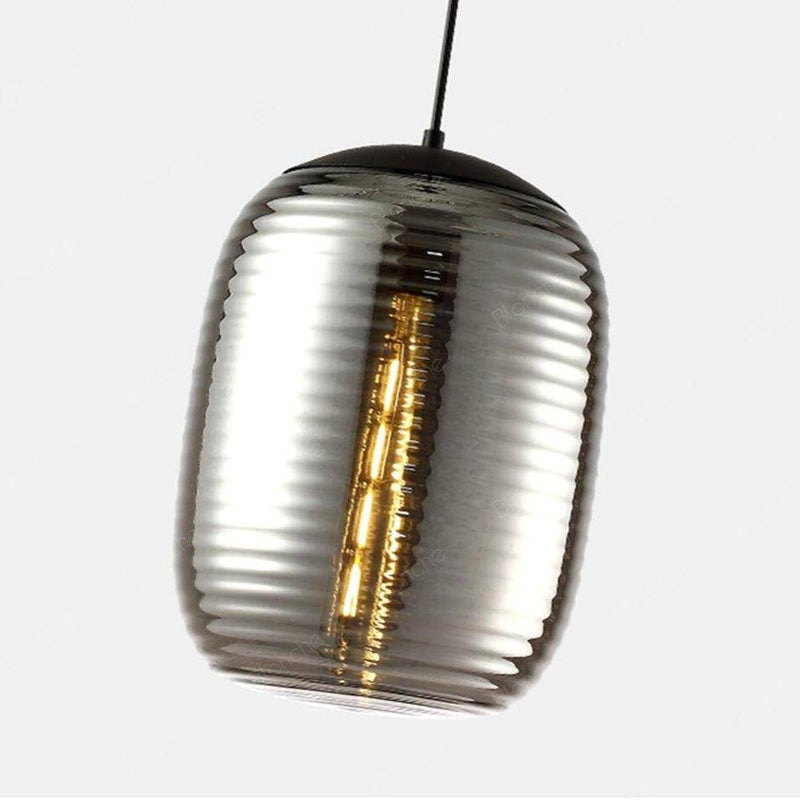 Suspension design LED en verre oval à traits et métal industriel