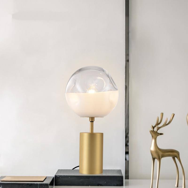 LED design table lamp with gold cylinder and distorted glass Rui