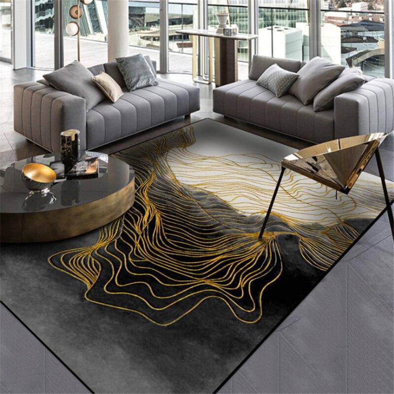 Tapis rectangle design noir et blanc à détail doré
