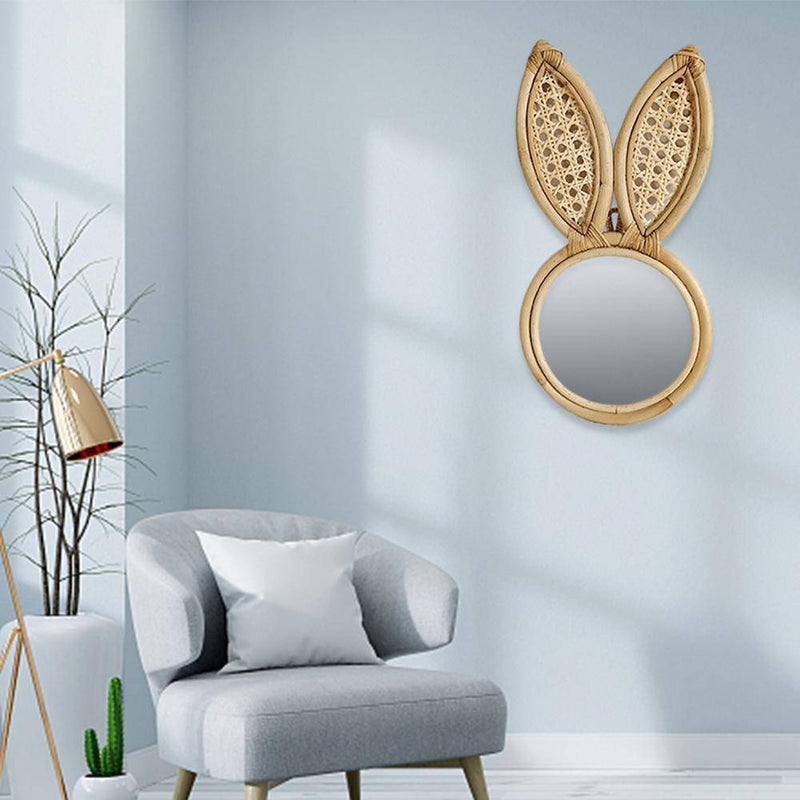 Espejo de pared redondo de ratán con orejas de conejo