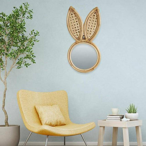 Round rattan wall mirror with rabbit ears