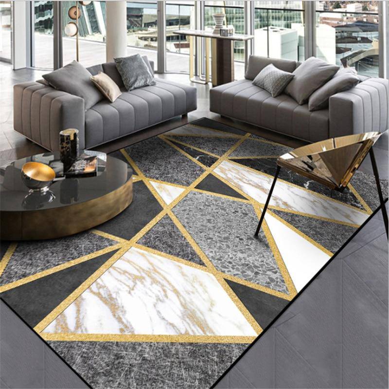 Tapis rectangle moderne gris et doré style géométrique marbre - vue 3 sur 2