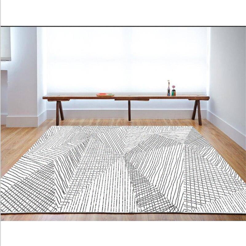 Tapis rectangle moderne rayé noir et blanc géométrique - vue 3 sur 5