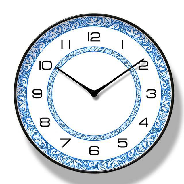 Round white wall clock with blue patterns Chansrun