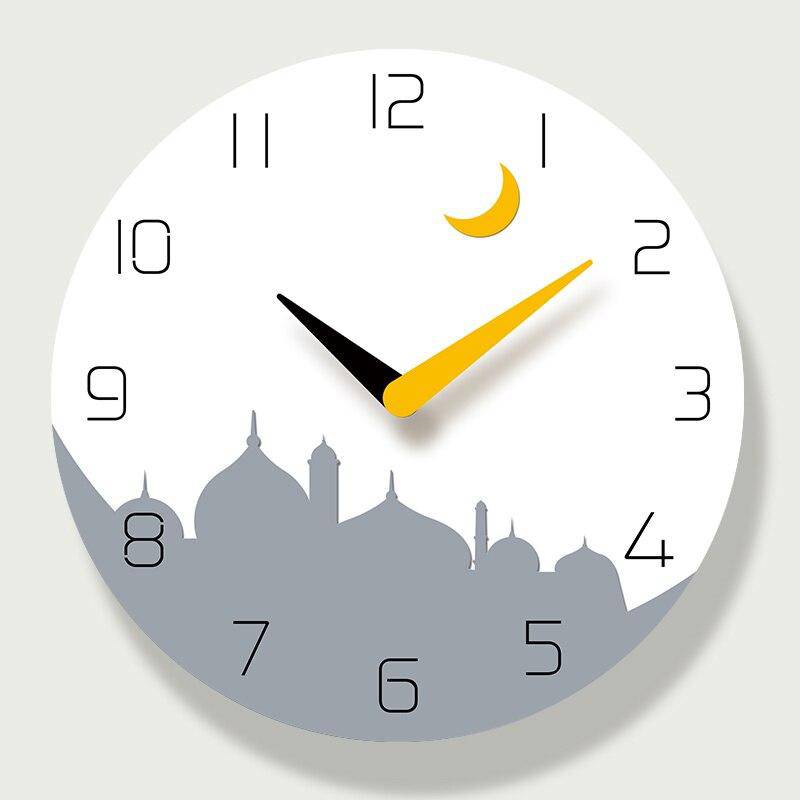 Horloge murale ronde avec dessin ville et lune jaune 30cm