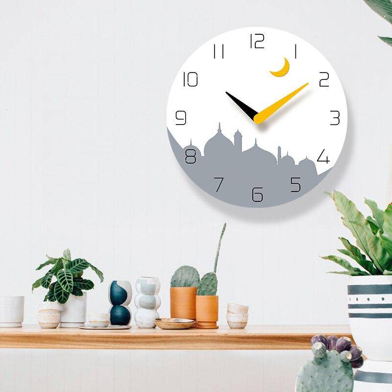 Round wall clock with city and moon design yellow 30cm