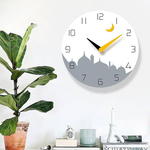 Round wall clock with city and moon design yellow 30cm