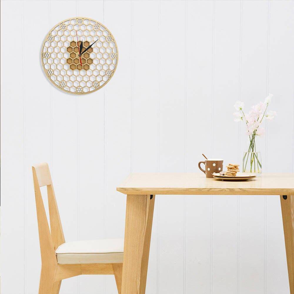 Horloge murale ronde en bois avec hexagones 30cm Honey - vue 4 sur 6