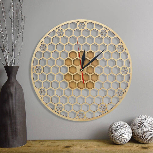 Round wooden wall clock with hexagons 30cm Honey