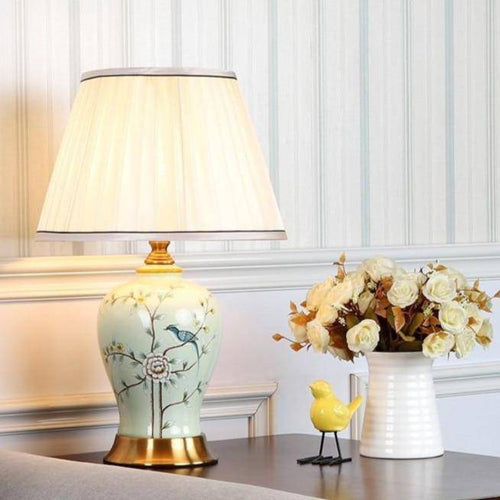 Lampe à poser LED en céramique et fleurs avec abat-jour blanc style Japonais - vue 5 sur 6
