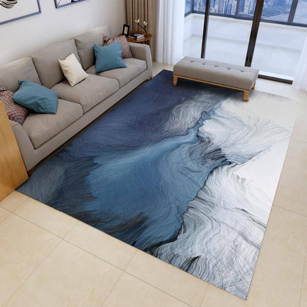 Tapis rectangle moderne bleu et blanc style abstrait - vue 3 sur 2