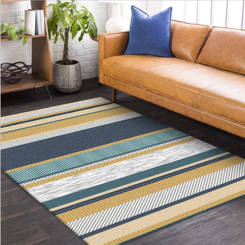 Tapis rectangle moderne aux bandes jaunes et bleues