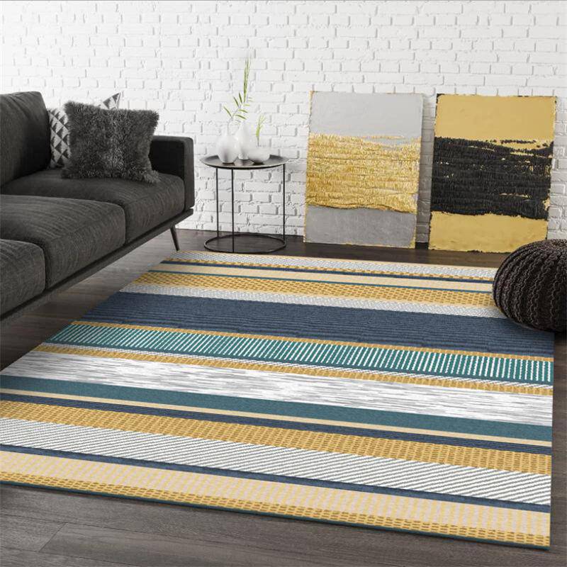 Tapis rectangle moderne aux bandes jaunes et bleues
