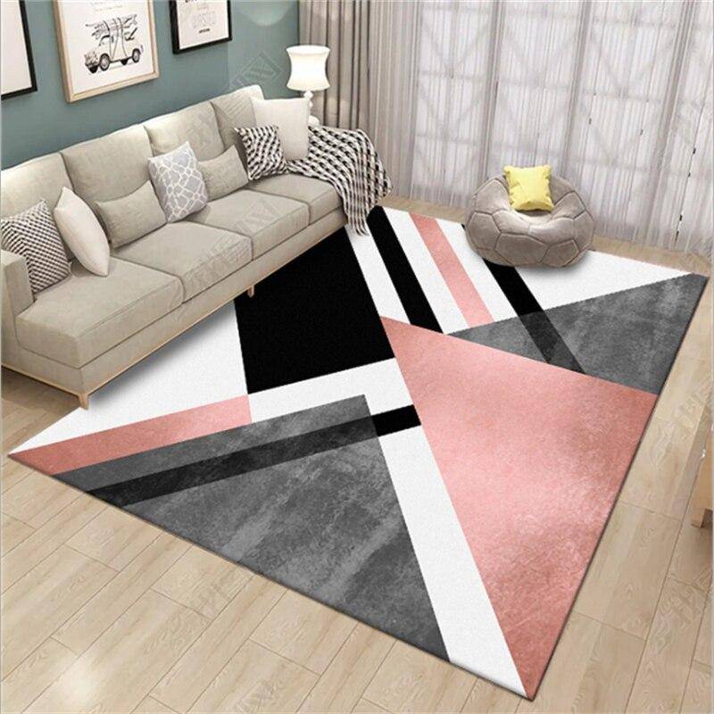 Alfombra rectangular geométrica rosa y gris