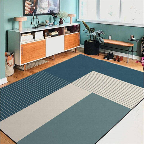 Modern design rectangle carpet with blue geometrical shapes