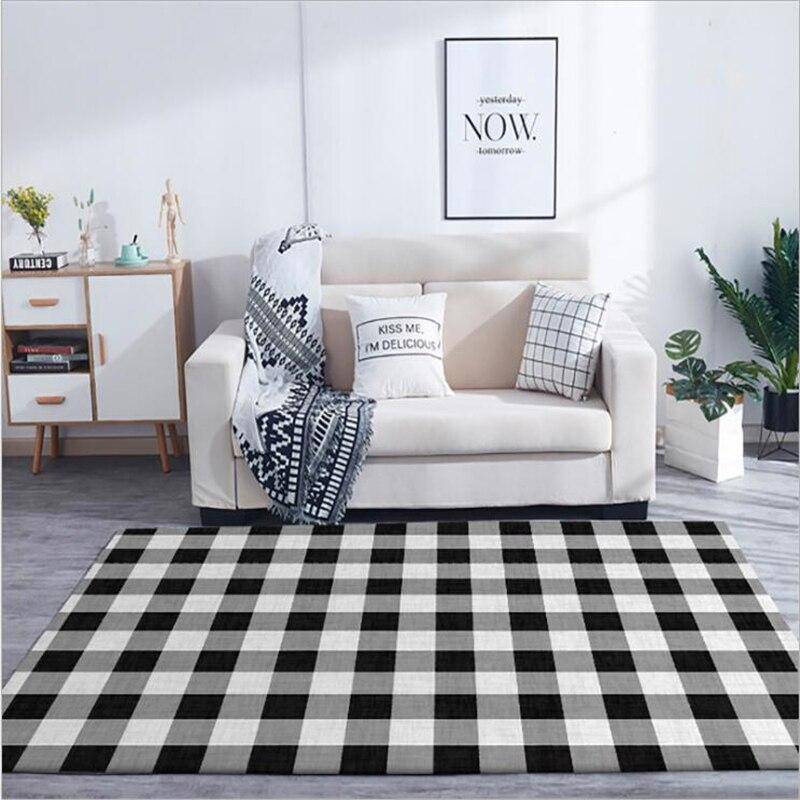 Rectangular carpet with black and white grid pattern