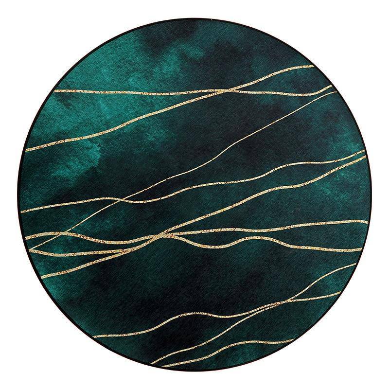 Tapis moderne rond vert et doré style abstrait